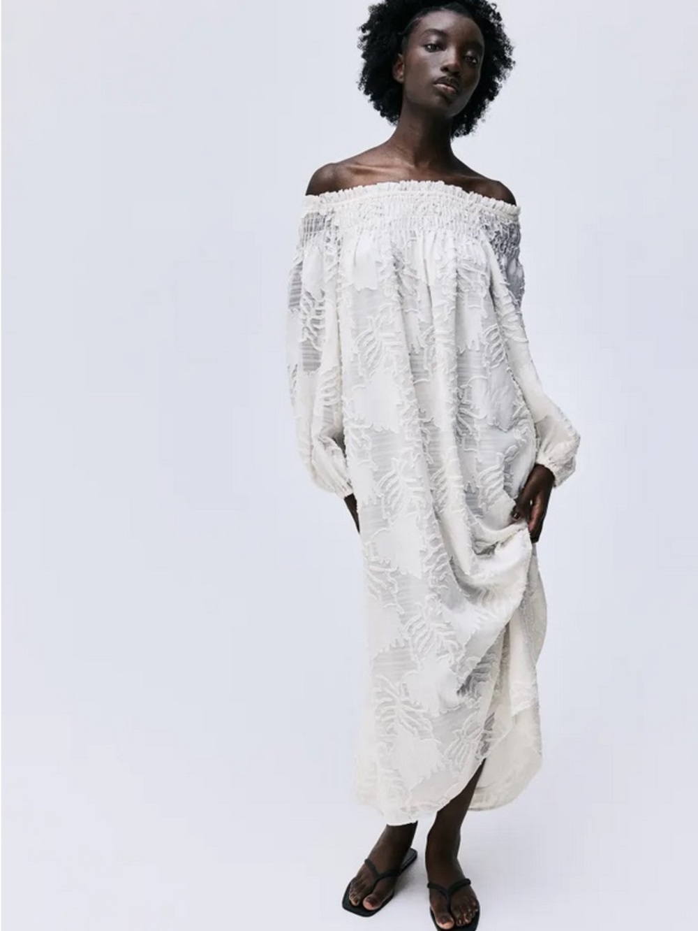 H&M Jacquard Weave Off-the-Shoulder Cream Maxi Dress size M